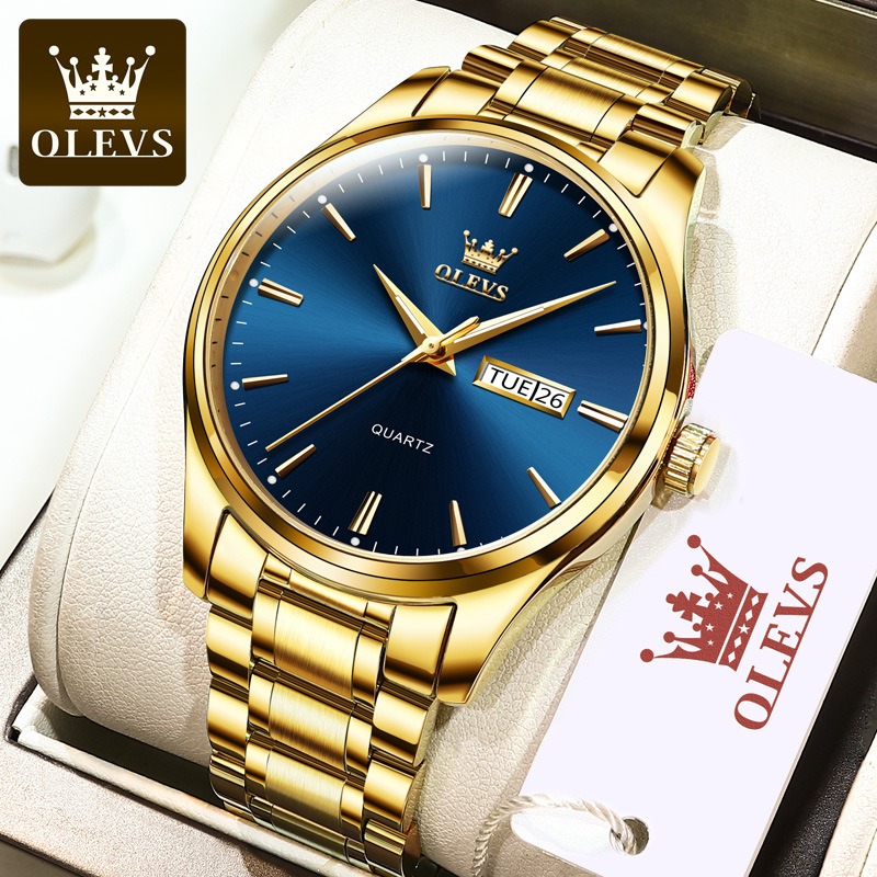Picture of "Olevs 6898 Golden Stainless Steel Analoge Wrist Watch For Men - Royal Blue & Golden "
