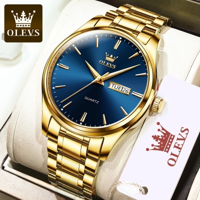 Picture of "Olevs 6898 Golden Stainless Steel Analoge Wrist Watch For Men - Royal Blue & Golden "