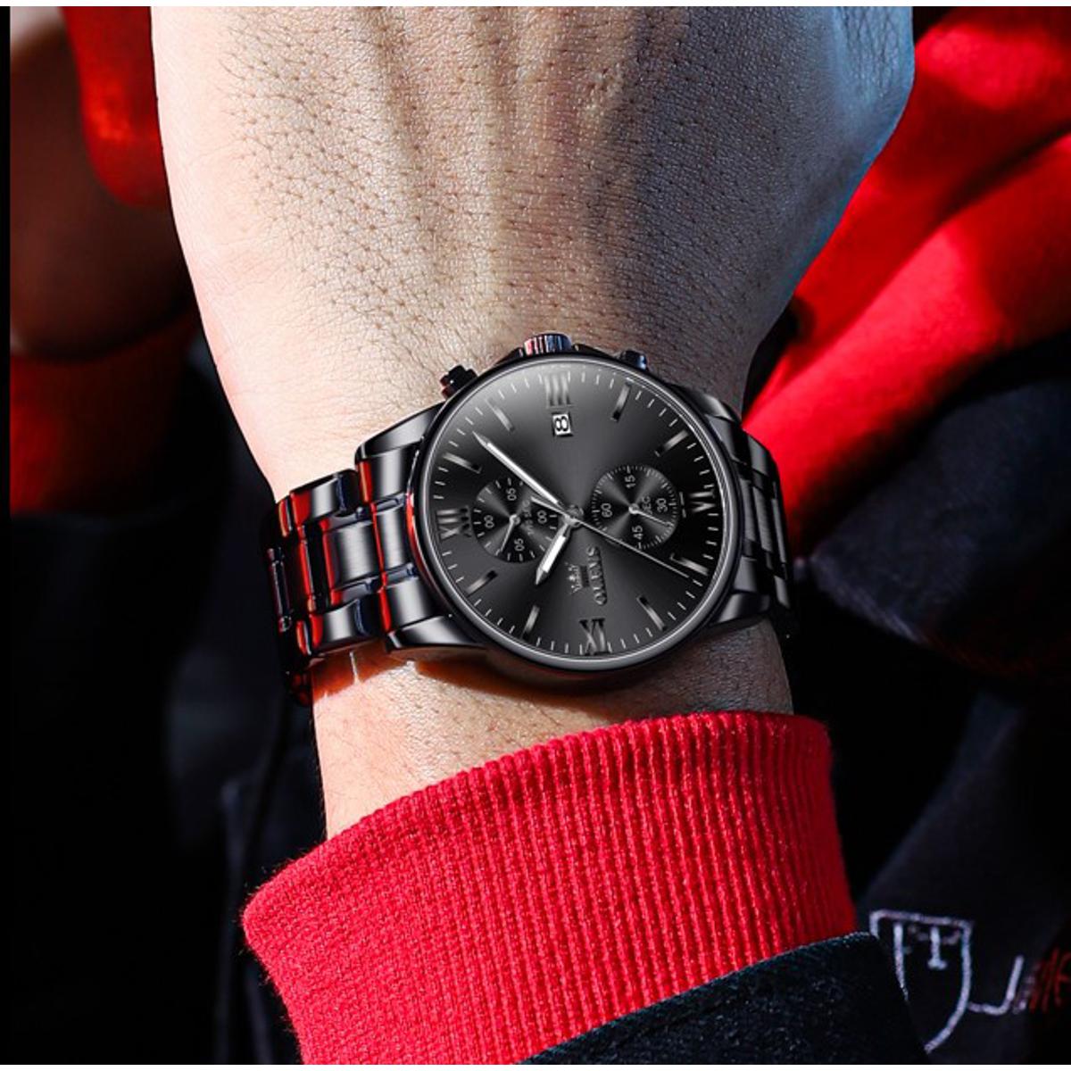 Picture of OLEVS 2886 New Black Quartz Watch for Men Stainless Steel Watchband Auto Date Chronograph Waterproof Luminous Business Men Wristwatch