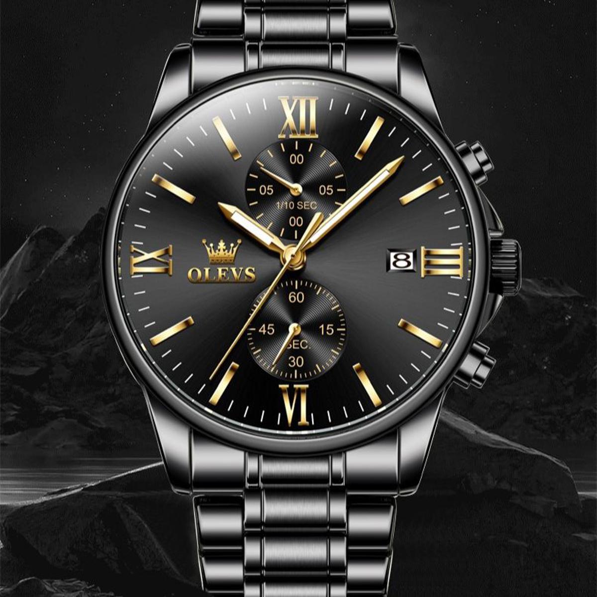 Picture of OLEVS 2886 New Black Quartz Watch for Men Stainless Steel Watchband Auto Date Chronograph Waterproof Luminous Business Men Wristwatch