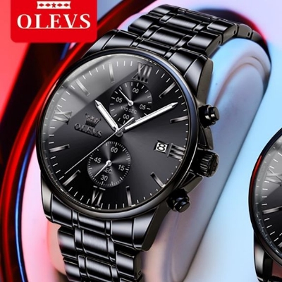 Picture of OLEVS 2886 New Black Quartz Watch for Men Stainless Steel Watchband Auto Date Chronograph Waterproof Luminous Business Men Wristwatch