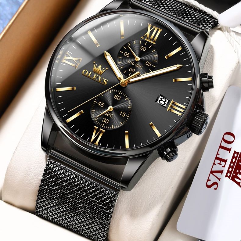 Picture of OLEVS 2886 New Black Quartz Watch for Men Stainless Steel Watchband Auto Date Chronograph Waterproof Luminous Business Men Wristwatch
