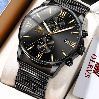 Picture of OLEVS 2886 New Black Quartz Watch for Men Stainless Steel Watchband Auto Date Chronograph Waterproof Luminous Business Men Wristwatch