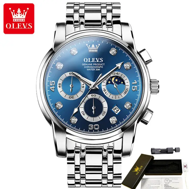 Picture of OLE_VS 2889 Men's Watch Waterproof Diamond set Dial Chronograph Luminous Calendar Stainless Steel Strap with Gift Box