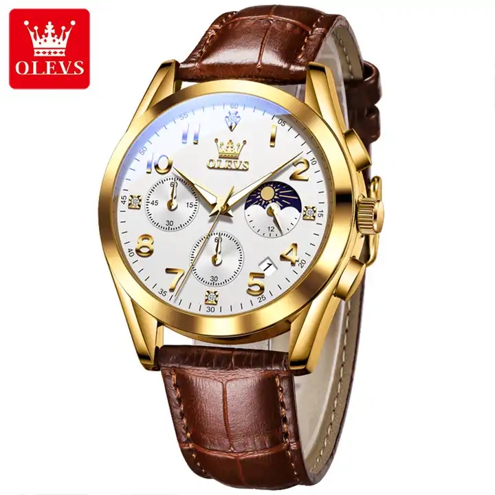 Picture of Olevs 2890 L Brown PU Leather Chronograph Fashion Wrist Watch For Men