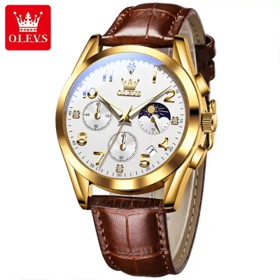 Picture of Olevs 2890 L Brown PU Leather Chronograph Fashion Wrist Watch For Men