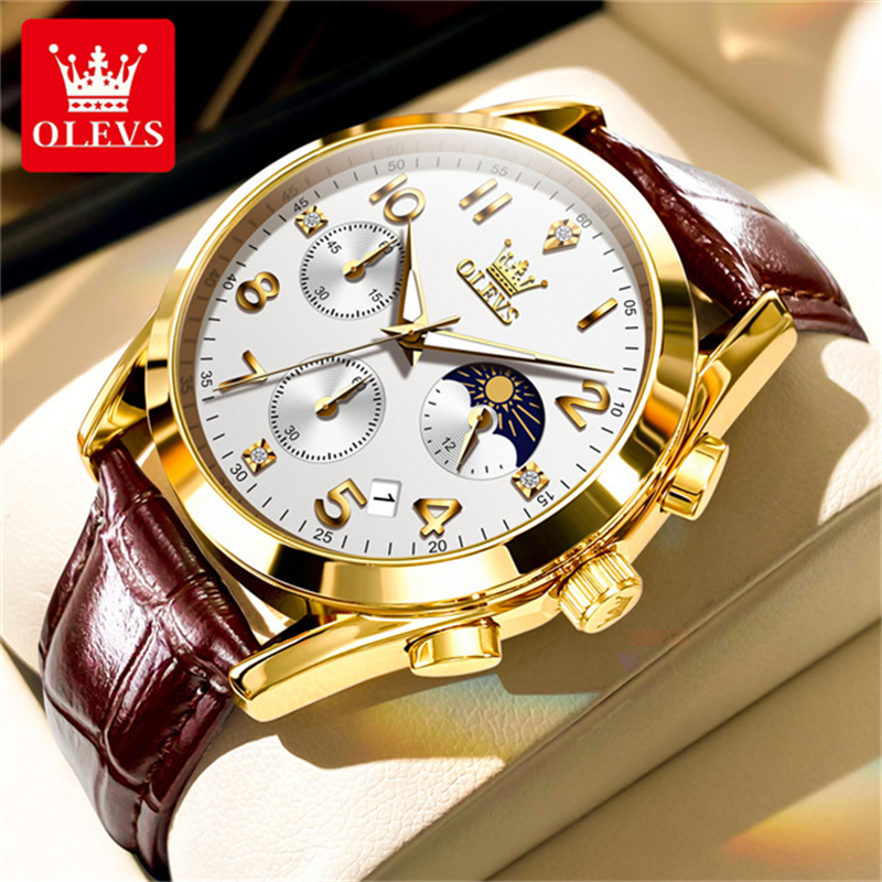 Picture of Olevs 2890 L Brown PU Leather Chronograph Fashion Wrist Watch For Men