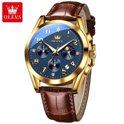 Picture of Olevs 2890 L Brown PU Leather Chronograph Fashion Wrist Watch For Men