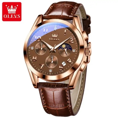 Picture of Olevs 2890 L Brown PU Leather Chronograph Fashion Wrist Watch For Men