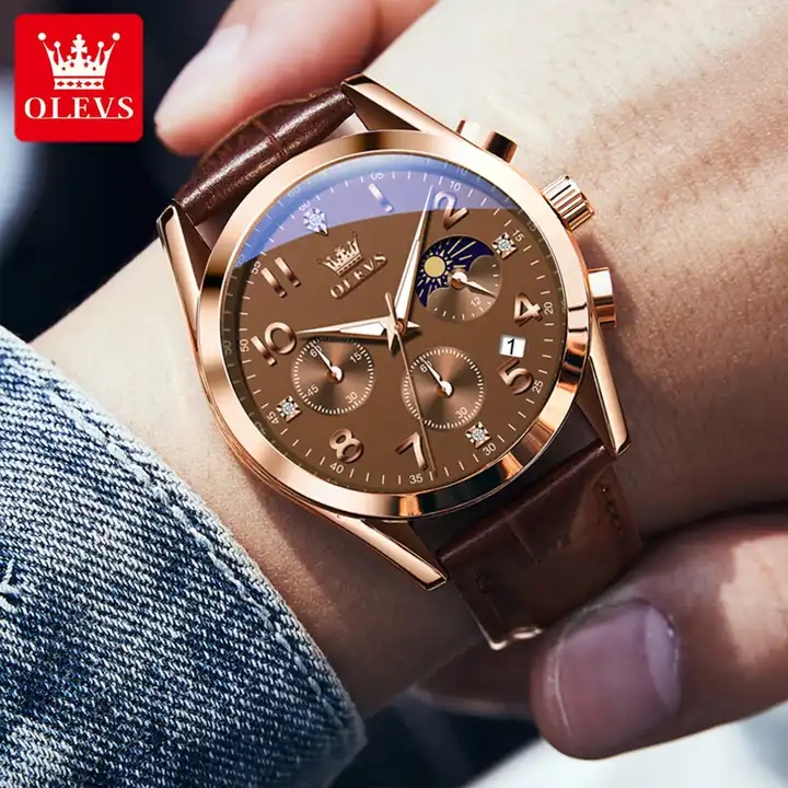 Picture of Olevs 2890 L Brown PU Leather Chronograph Fashion Wrist Watch For Men