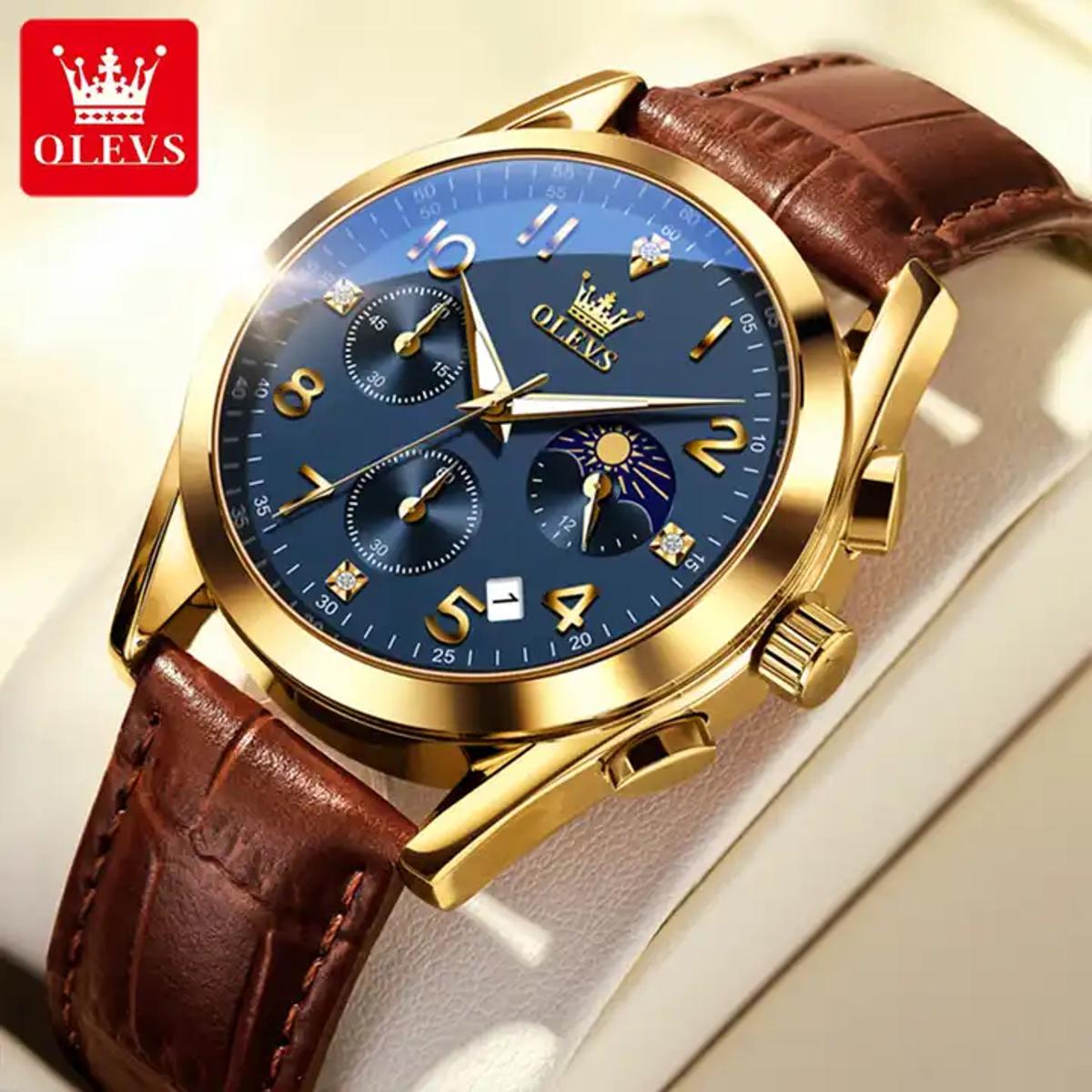 Picture of Olevs 2890 L Brown PU Leather Chronograph Fashion Wrist Watch For Men