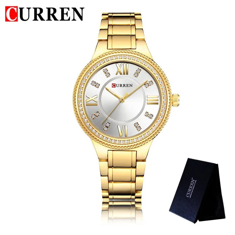 Picture of CURREN 9004 Brand Luxury Women's Casual Watches Waterproof Wristwatch Women Fashion Dress Rhinestone Stainless Steel Ladies Rosegold & White Watch - ঘড়ি