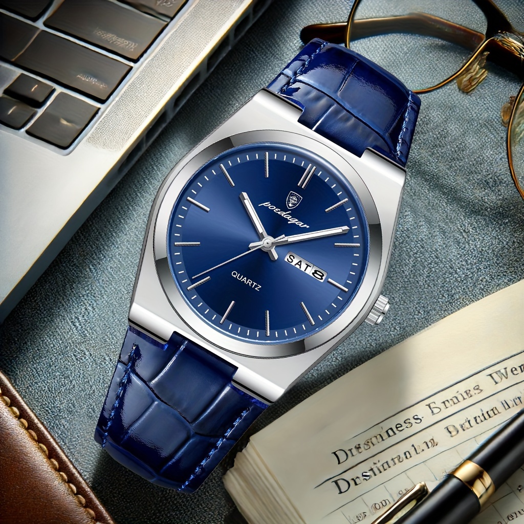 Picture of POEDAGAR 930L Men's Leather Quartz Watch - Water Resistant Business Luxury Fashion Wristwatch - Watch For Men - Watch