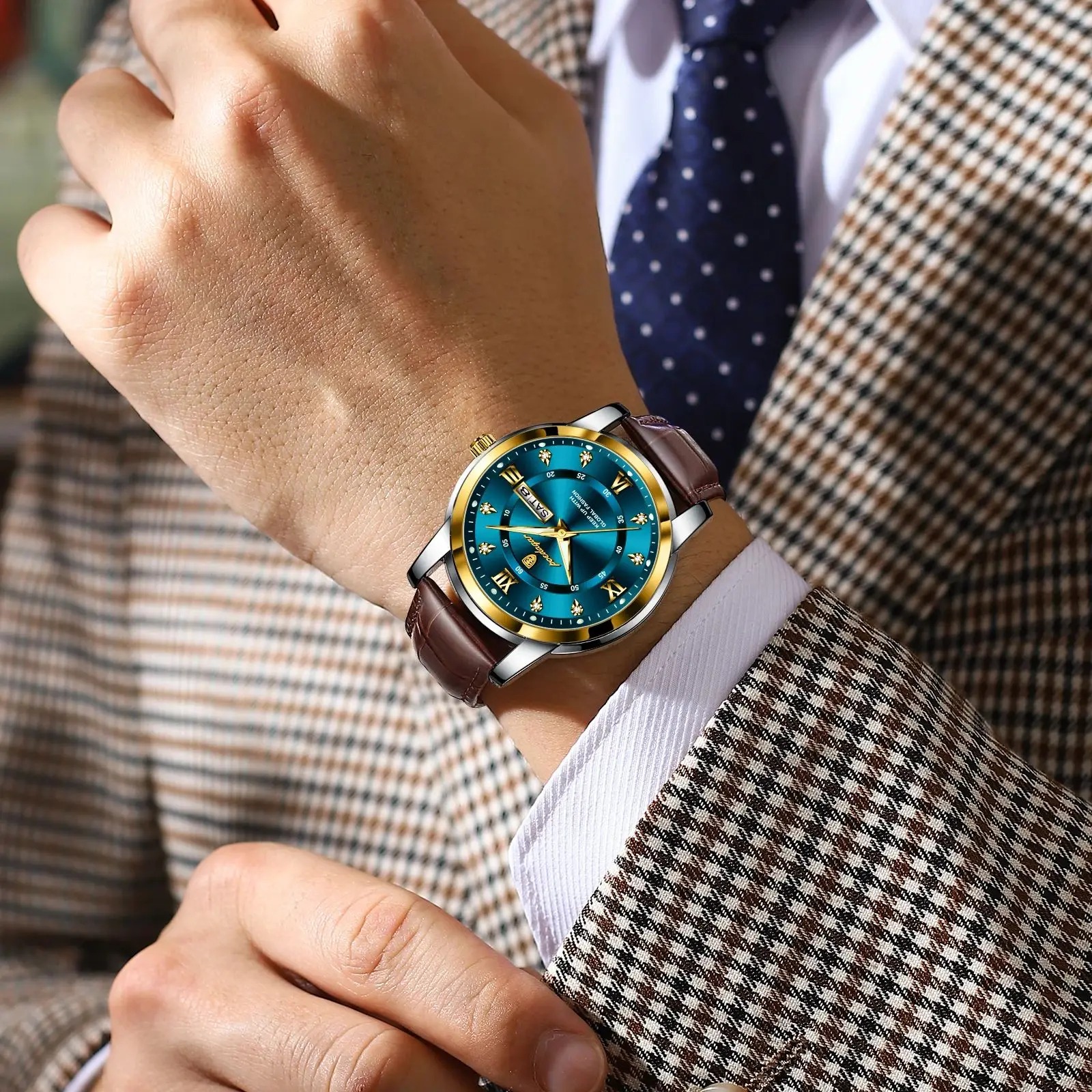 Picture of POEDAGAR 936 Luxury Man Leather Wristwatch Waterproof Luminous Date Week Leather Watch For Men - Sports Quartz Men's Watches For Men