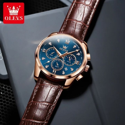 Picture of New Olevs 2888L Top Quality Brown PU Leather Fashionable Wrist Watch For Men - Black & Brown