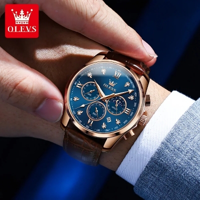 Picture of New Olevs 2888L Top Quality Brown PU Leather Fashionable Wrist Watch For Men - Black & Brown