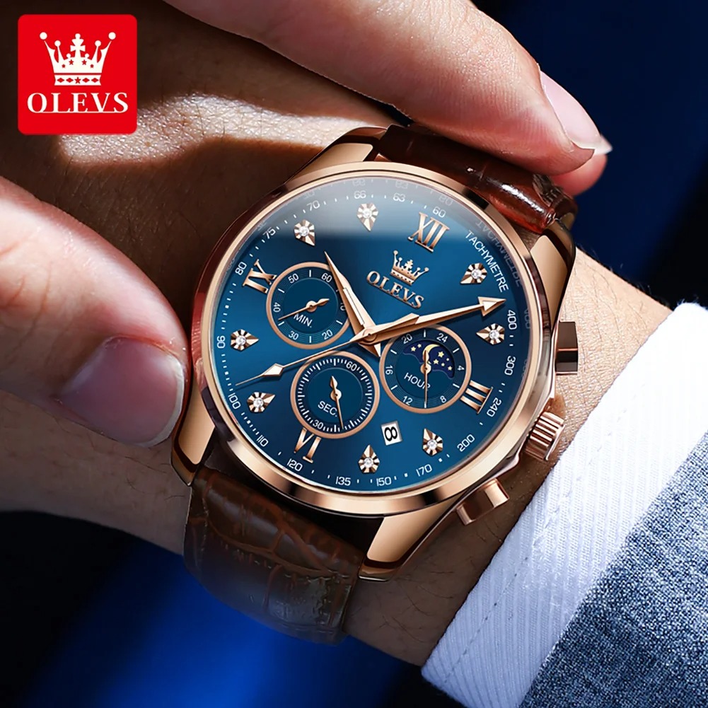 Picture of New Olevs 2888L Top Quality Brown PU Leather Fashionable Wrist Watch For Men - Black & Brown