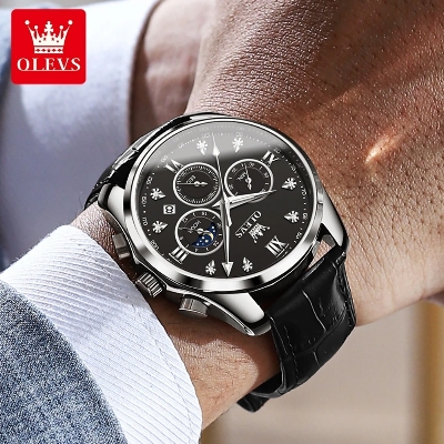 Picture of New Olevs 2888L Top Quality Brown PU Leather Fashionable Wrist Watch For Men - Black & Brown