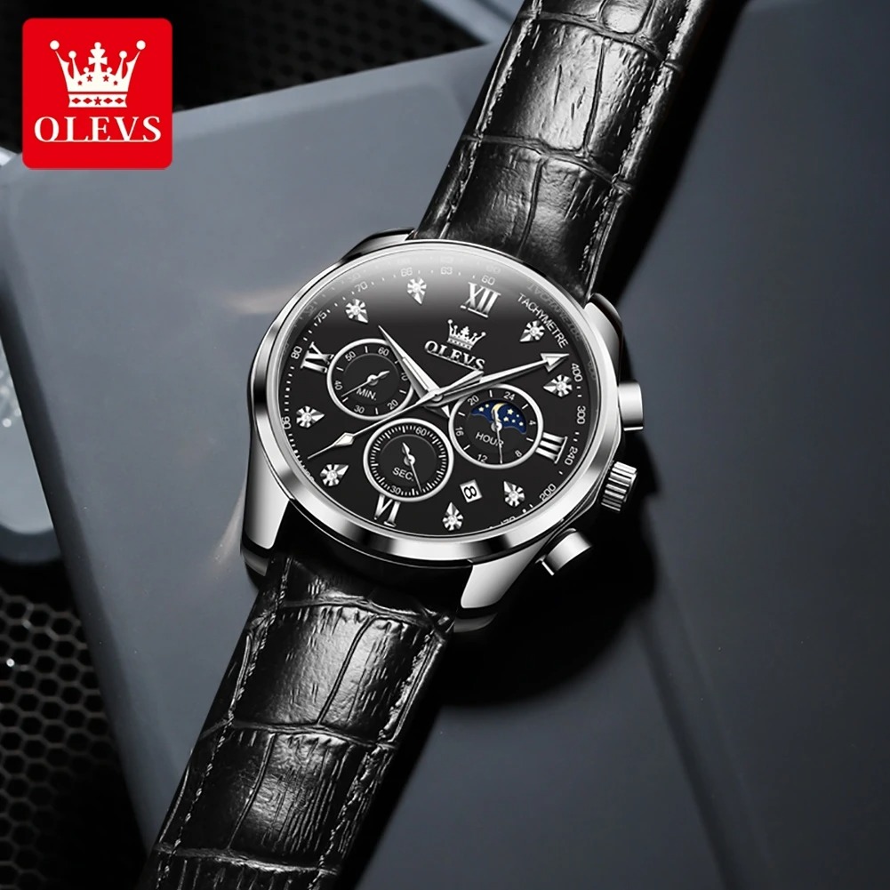 Picture of New Olevs 2888L Top Quality Brown PU Leather Fashionable Wrist Watch For Men - Black & Brown