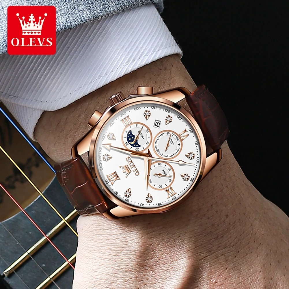 Picture of New Olevs 2888L Top Quality Brown PU Leather Fashionable Wrist Watch For Men - Black & Brown