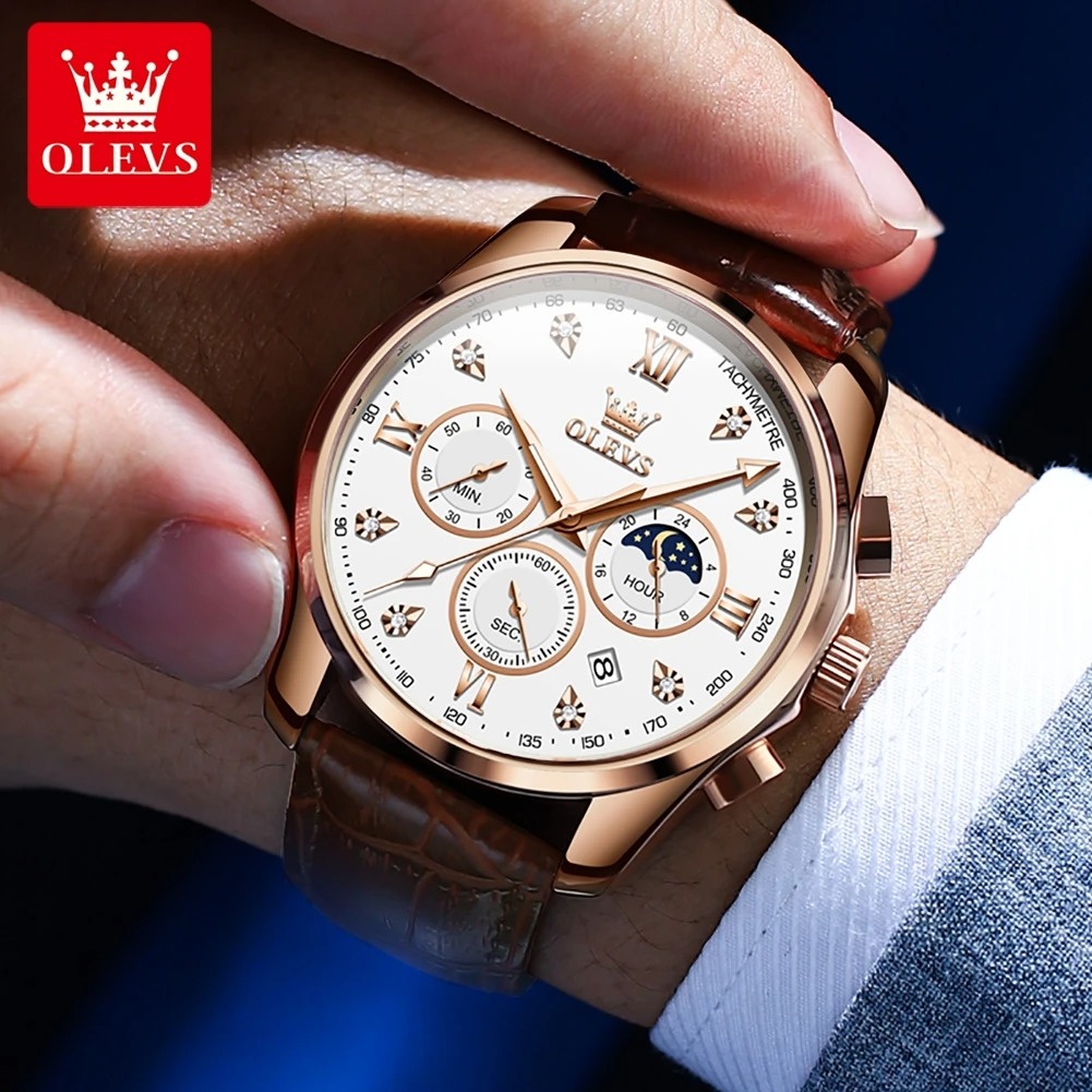 Picture of New Olevs 2888L Top Quality Brown PU Leather Fashionable Wrist Watch For Men - Black & Brown