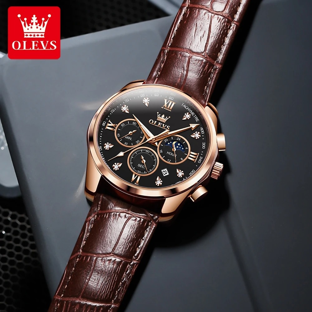 Picture of New Olevs 2888L Top Quality Brown PU Leather Fashionable Wrist Watch For Men - Black & Brown
