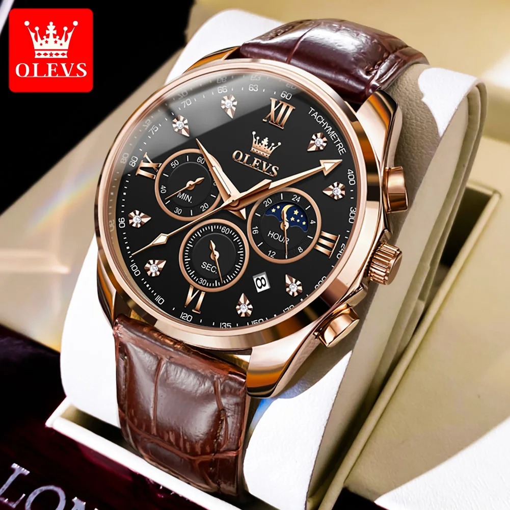 Picture of New Olevs 2888L Top Quality Brown PU Leather Fashionable Wrist Watch For Men - Black & Brown