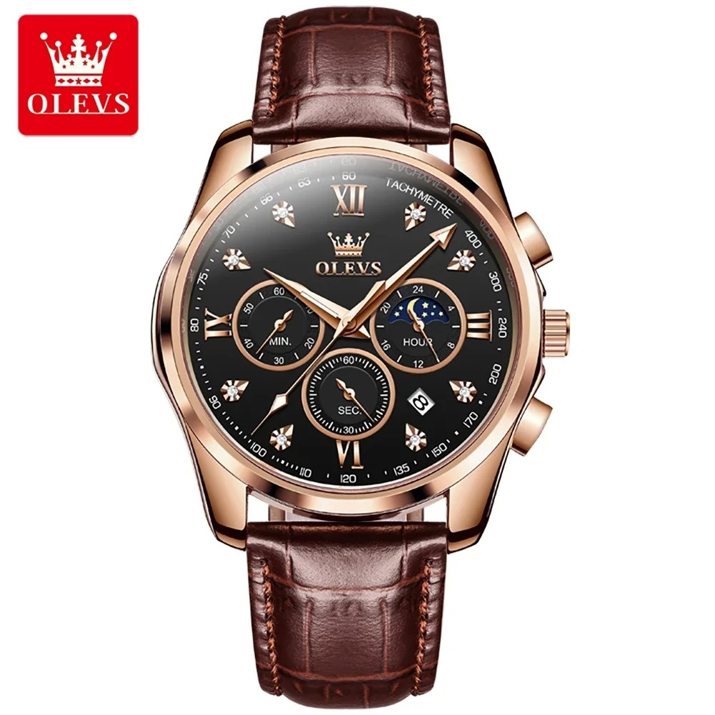 Picture of New Olevs 2888L Top Quality Brown PU Leather Fashionable Wrist Watch For Men - Black & Brown