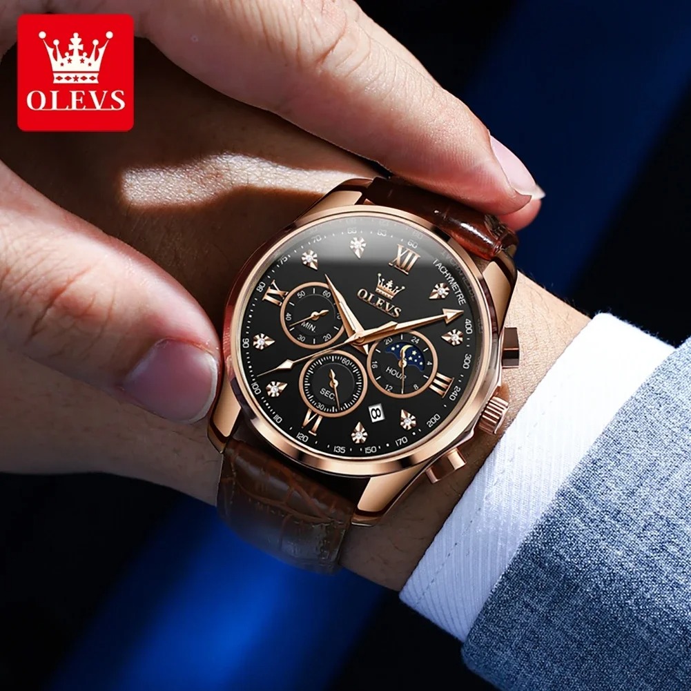 Picture of New Olevs 2888L Top Quality Brown PU Leather Fashionable Wrist Watch For Men - Black & Brown