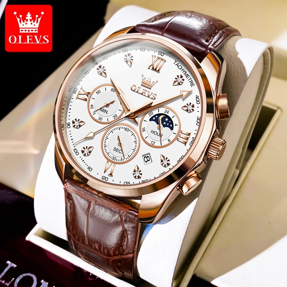 Picture of New Olevs 2888L Top Quality Brown PU Leather Fashionable Wrist Watch For Men - Black & Brown