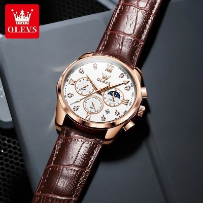 Picture of New Olevs 2888L Top Quality Brown PU Leather Fashionable Wrist Watch For Men - Black & Brown