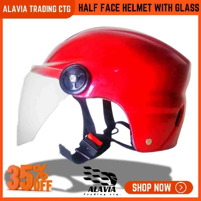 Red Half Face Helmet – Cap Style Bike Helmet with Sun Protection Glass | Stylish Open Face Helmet for Men & Women – Durable ABS Build 