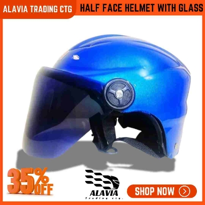 Blue Half Face Helmet – Cap Style Bike Helmet with Sun Protection Glass | Stylish Open Face Helmet for Men & Women – Durable ABS Build 