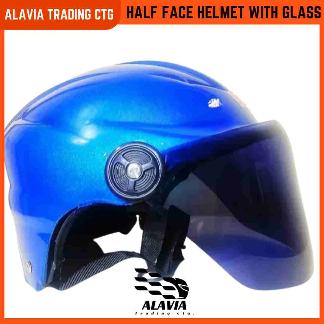 Blue Half Face Helmet – Cap Style Bike Helmet with Sun Protection Glass | Stylish Open Face Helmet for Men & Women – Durable ABS Build 