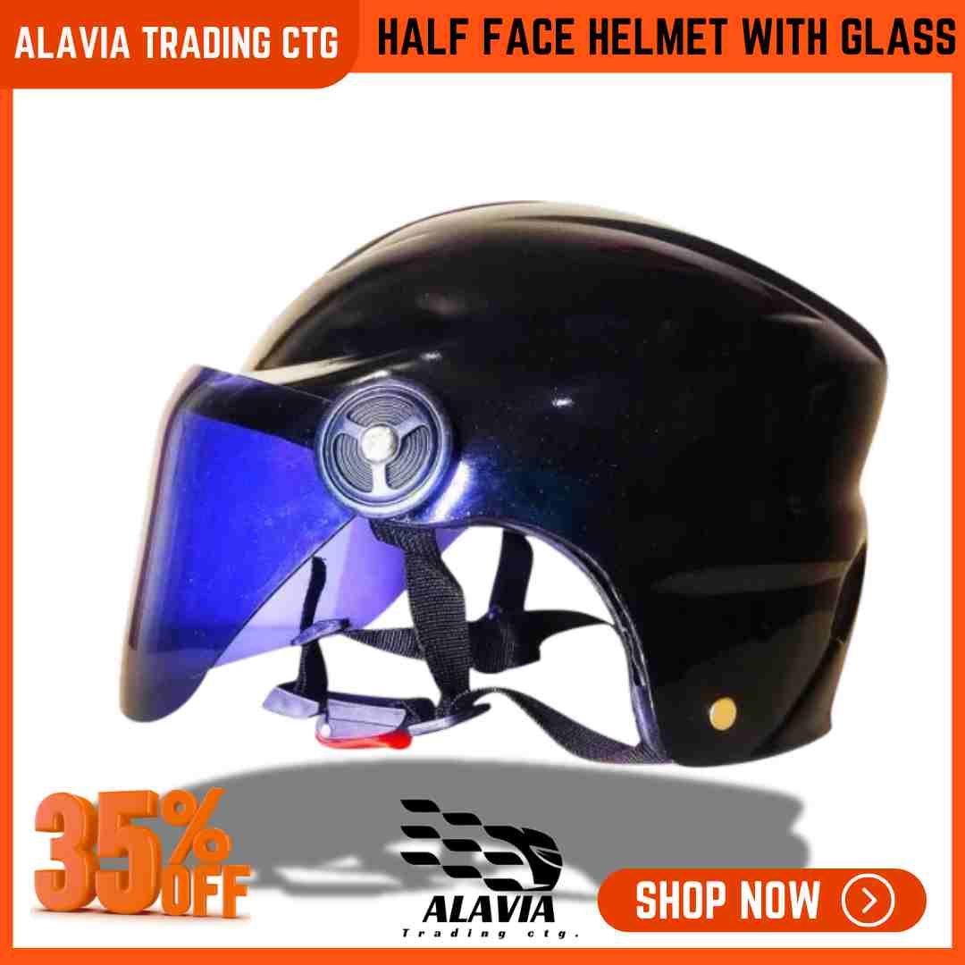 Black Half Face Helmet – Cap Style Bike Helmet with Sun Protection Glass | Stylish Open Face Helmet for Men & Women – Durable ABS Build 