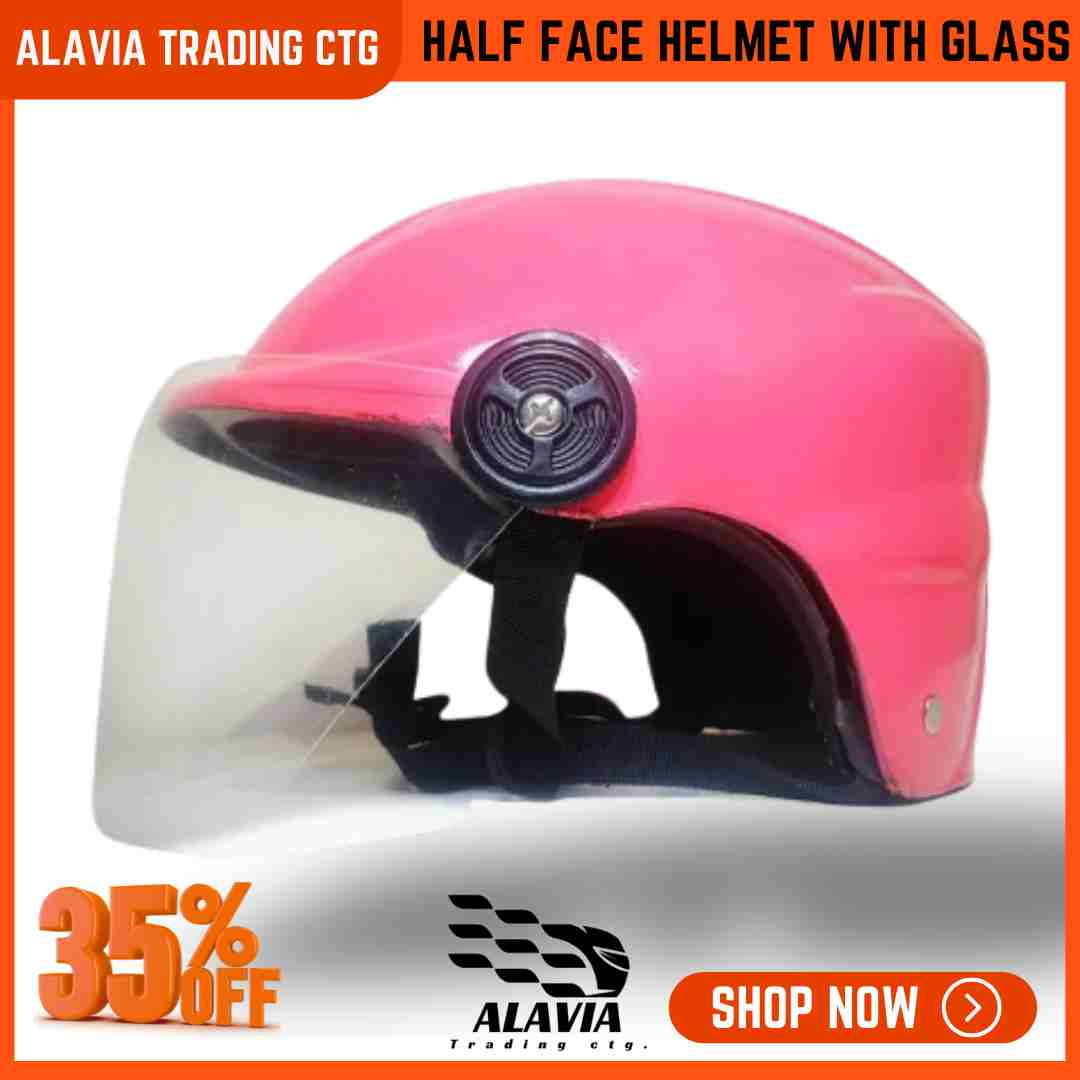 Pink Half Face Helmet – Cap Style Bike Helmet with Sun Protection Glass | Stylish Open Face Helmet for Men & Women – Durable ABS Build