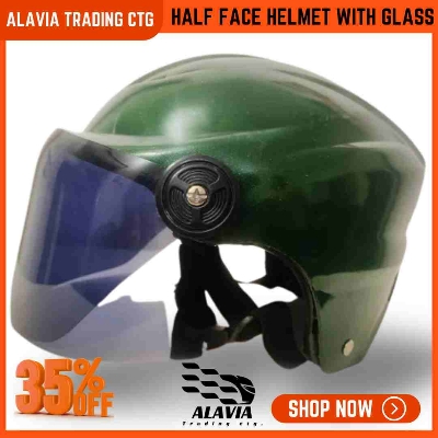 Green Half Face Helmet – Cap Style Bike Helmet with Sun Protection Glass | Stylish Open Face Helmet for Men & Women – Durable ABS Build 