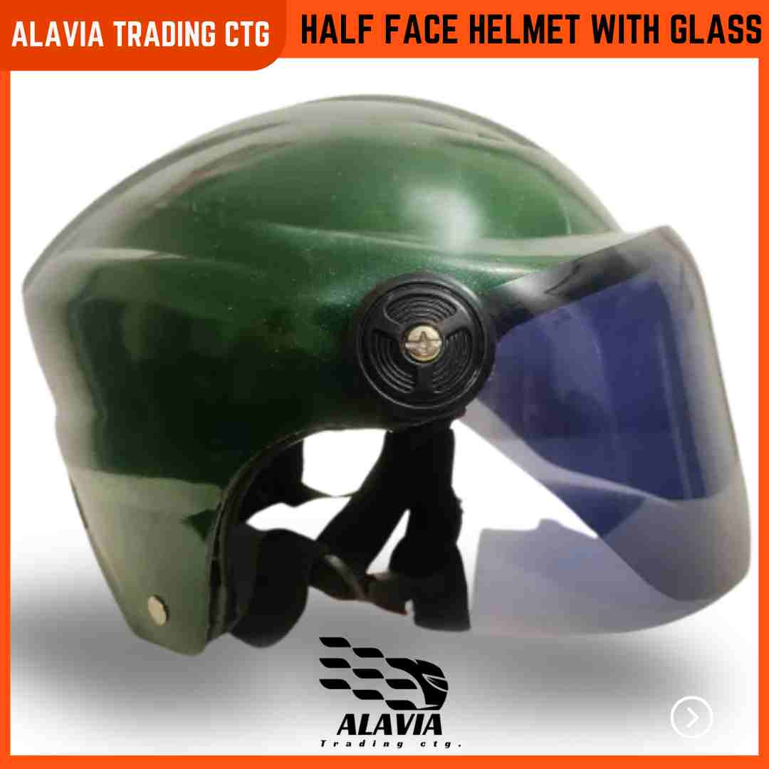 Green Half Face Helmet – Cap Style Bike Helmet with Sun Protection Glass | Stylish Open Face Helmet for Men & Women – Durable ABS Build 