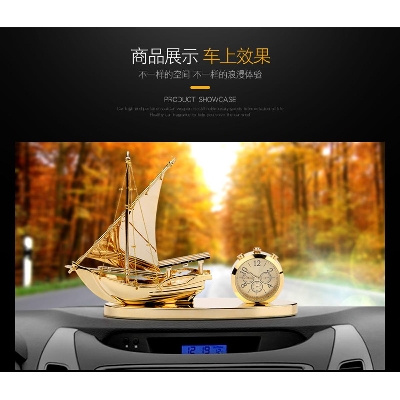 Picture of Golden Boat Car Air Freshener Showpiece With Analog Watch