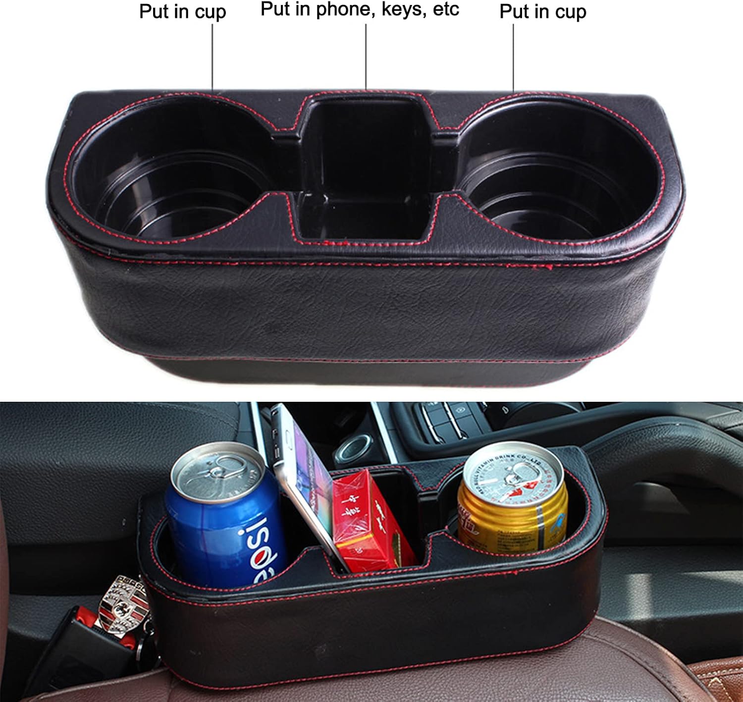 Picture of Car Seat Cup Holder, Console Side Drink Holder, Auto Front Seat Organizer Leather Cover Car Cup Holder