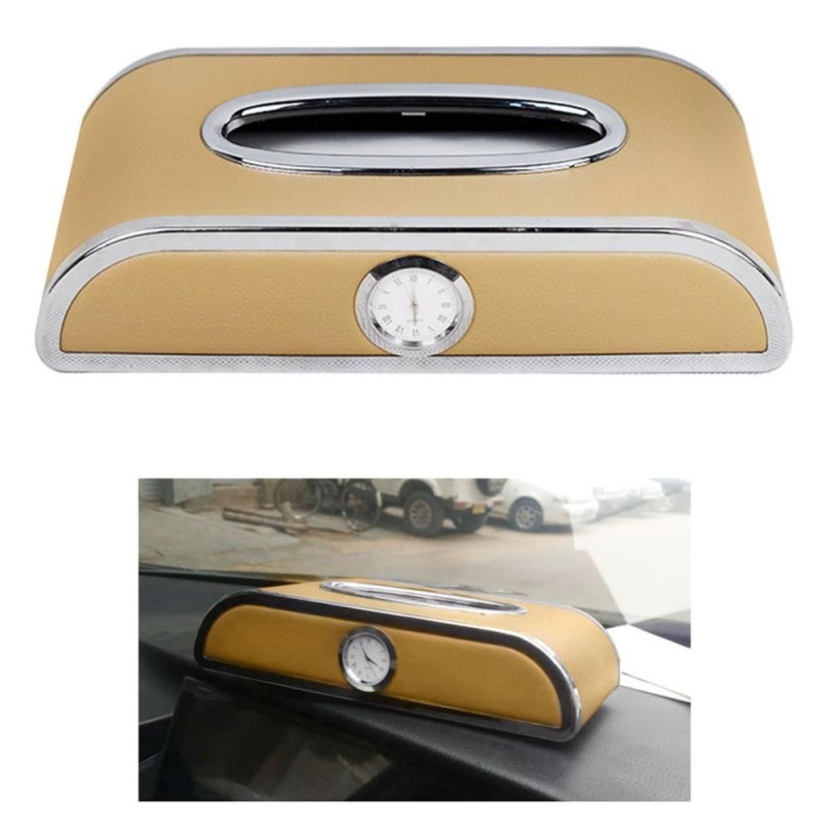 Picture of Car Dashboard Tissue Box With Clock Luxury PU Leather Box Beige