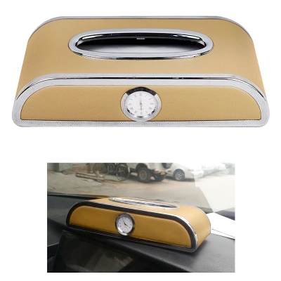 Picture of Car Dashboard Tissue Box With Clock Luxury PU Leather Box Beige