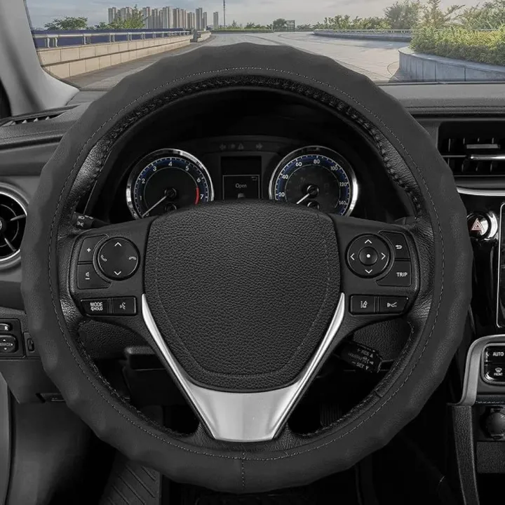 Picture of Car Premium Finger Grip Steering Wheel Cover - Leather, Anti Slip (Black) Universal Fitting