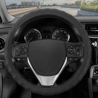 Picture of Car Premium Finger Grip Steering Wheel Cover - Leather, Anti Slip (Black) Universal Fitting