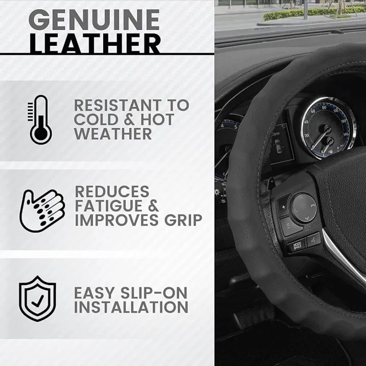 Picture of Car Premium Finger Grip Steering Wheel Cover - Leather, Anti Slip (Black) Universal Fitting