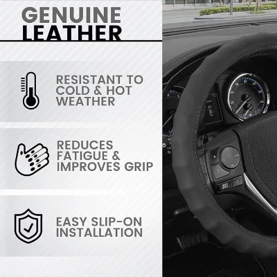 Picture of Car Premium Finger Grip Steering Wheel Cover - Leather, Anti Slip (Black) Universal Fitting