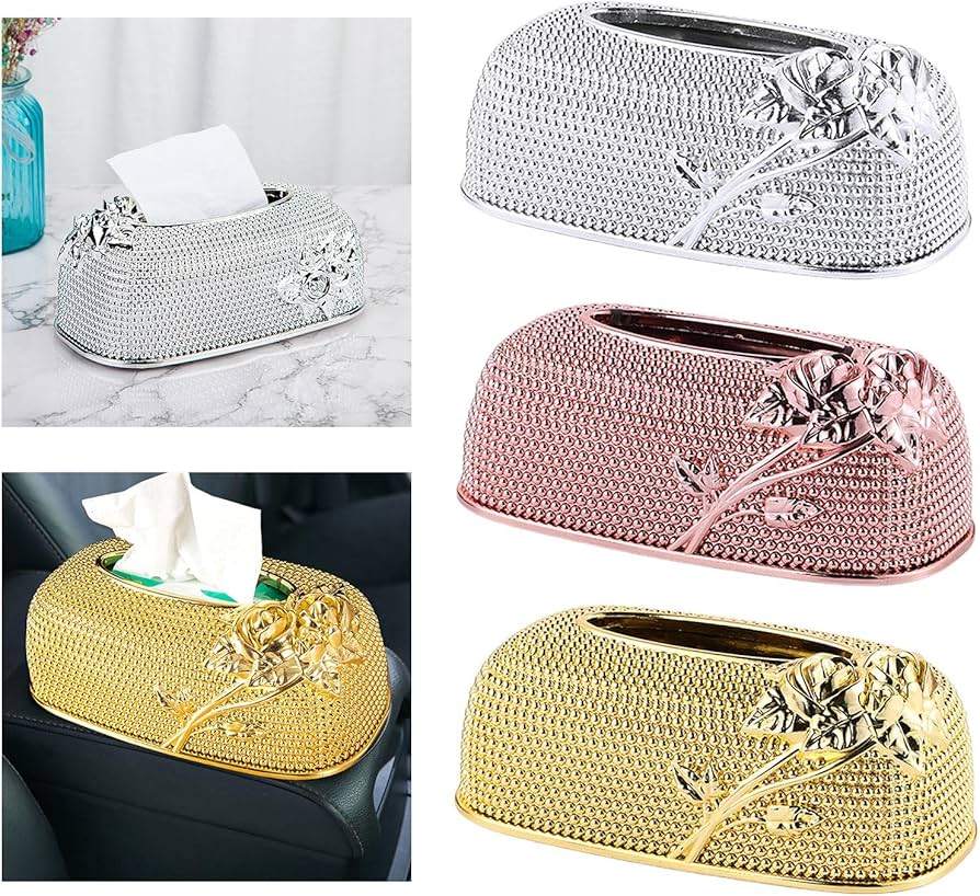 Picture of Luxury Rose Flower Tissue Box Vintage Tissue Holder Pink,silver and gold