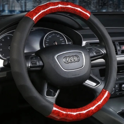 Picture of Black With Wood Universal Car Steering Wheel Cover