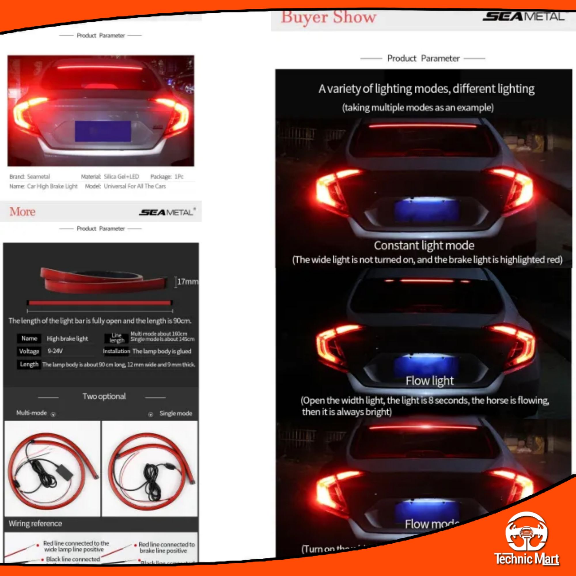 Picture of 12V LED Car Brake Lights Auto Rear High Brake Lamps for Decorative Warning Light Automobiles Signal Flexible Mount Lamp 90cm