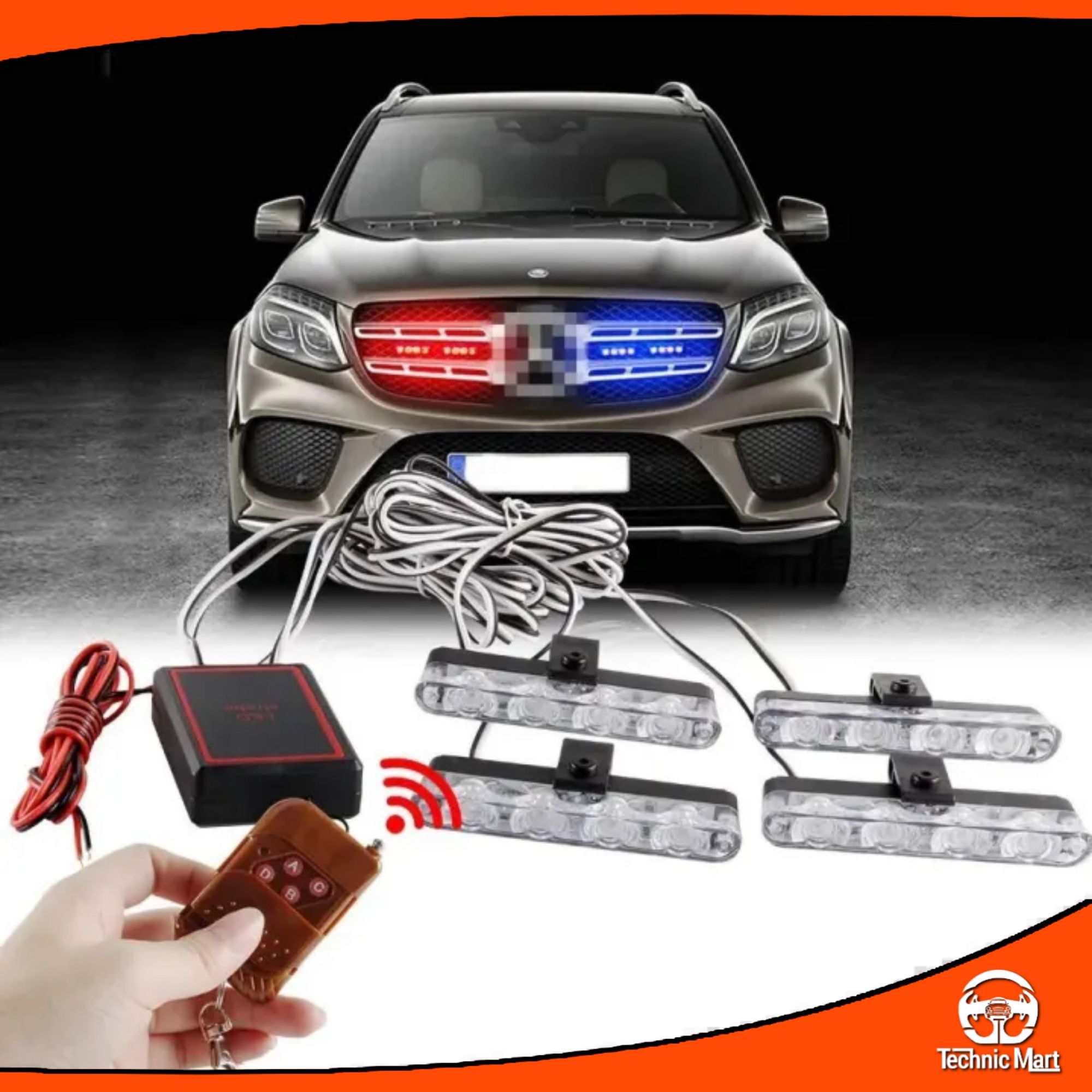 Picture of Car flashing grille light 4 in 1 red blue emergency strobe lights 12V with wireless remote control